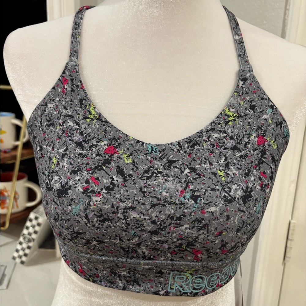 Reebok Gray Splatter Sports Bra with Pink & Teal Accents